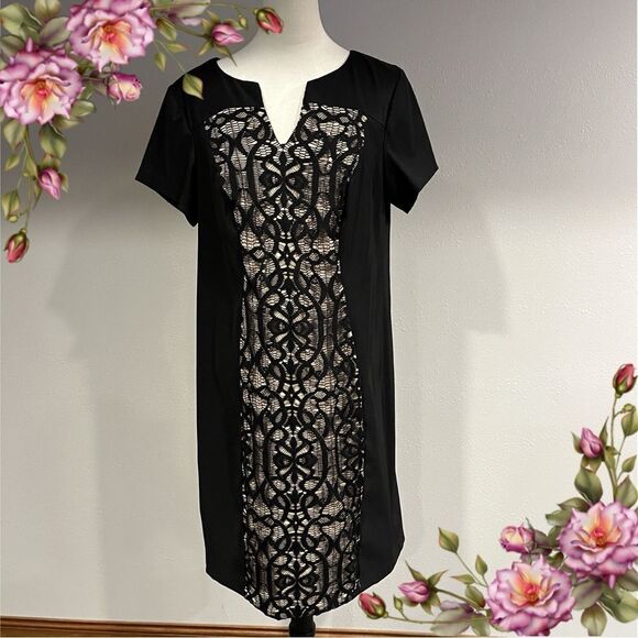 DressBarn short sleeves formal black dress with lace details size 14 - Picture 1 of 14